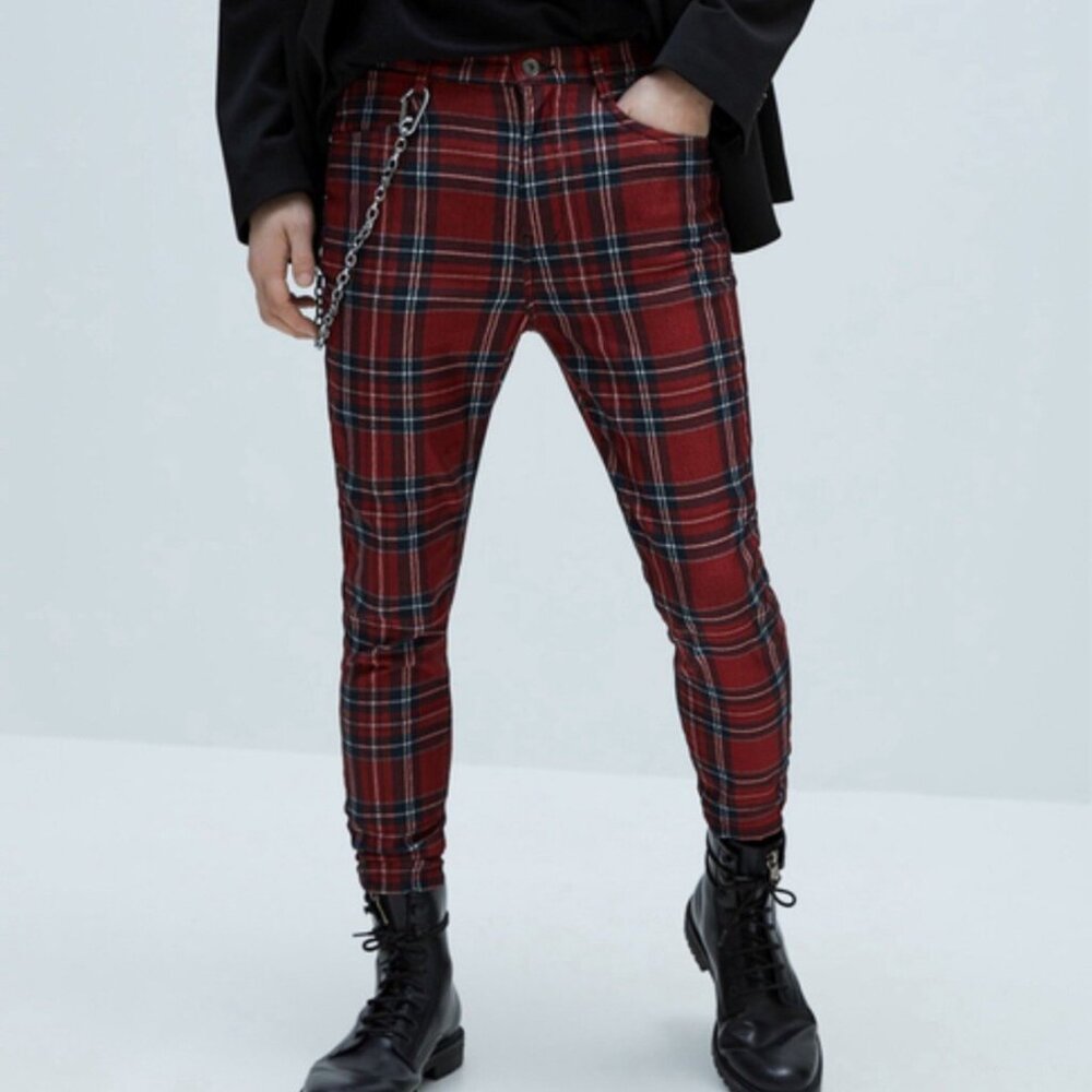 Punk Zara Man Slim Skinny Plaid Pants RED Stretch Size 30 Alternative - Unused